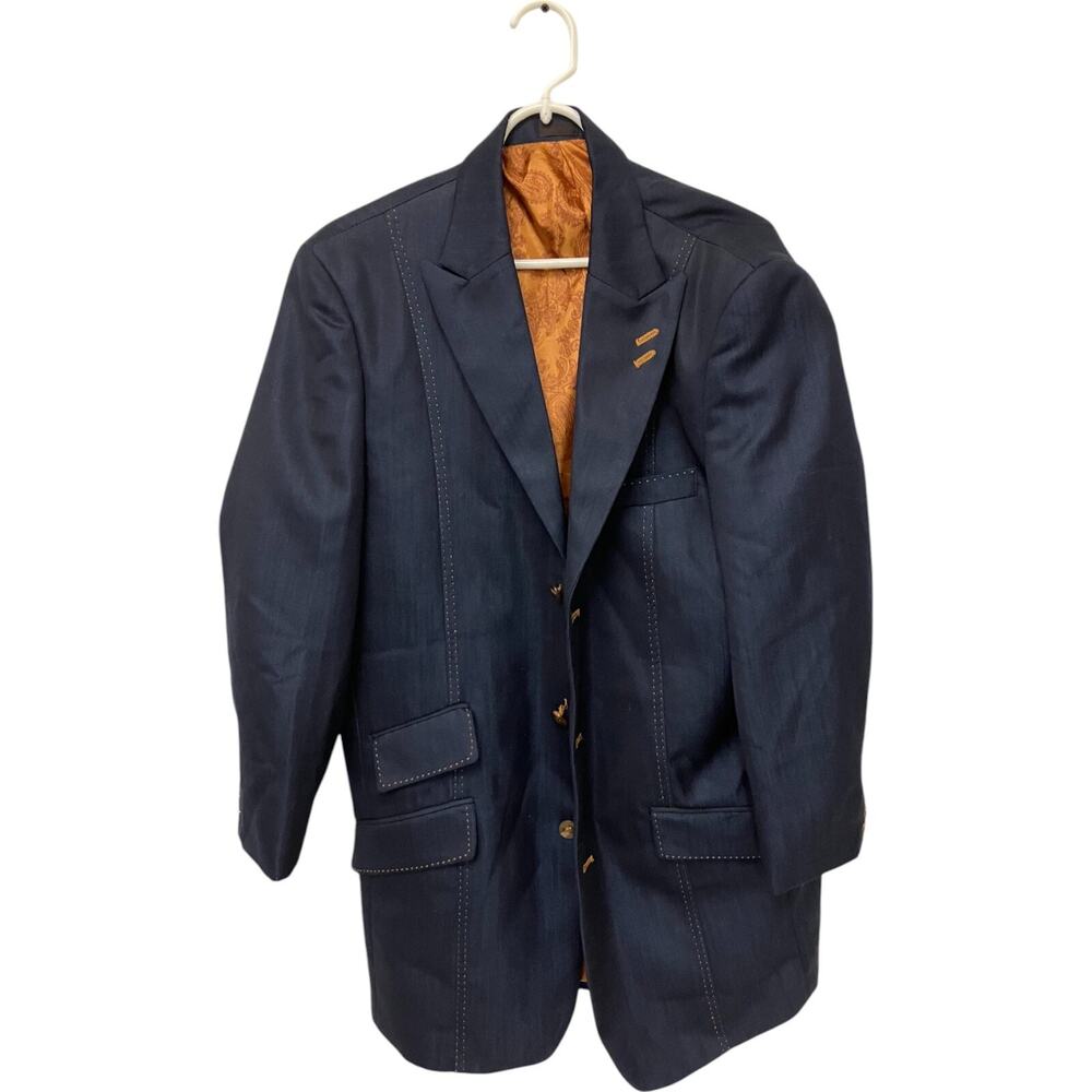 Falcone Single Breasted Blue Martini Denim Blazer Mens 38R Tailored Notch Collar